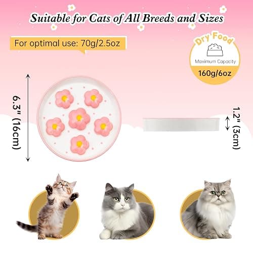 Ceramic Cat Slow Feeder Bowl - 6 OZ Puzzle Food Dish for Healthy Eating - Shallow Wide Whisker Friendly - Dishwasher Safe - 6.3 x 1.2 Inch - Blush Pink Flower thumbnail 2