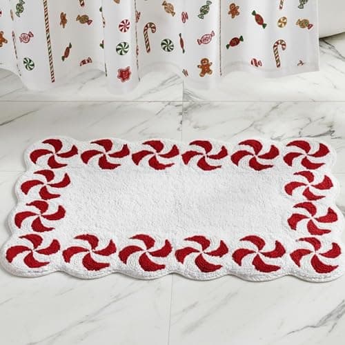 WILLBOND Christmas Candy Bathroom Rug Non Slip Bath Mat 32x20 Inch | Red and White, Peppermint Swirl Scalloped Edge, Soft Absorbent Flocking, Xmas Bathroom Kitchen Bedroom Front Door - Image 1