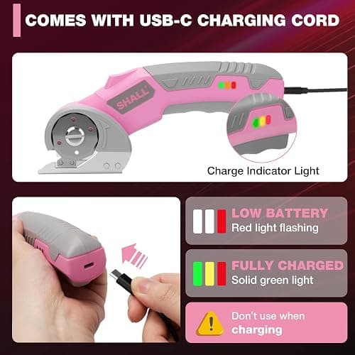 SHALL 4V Cordless Electric Scissors, Rechargeable Cardboard Cutter, Rotary Electric Box Cutter w/Safety Lock, LED Light & Replacement Blade for Fabric, Leather, Carpet, Cardboard & Plastic, Pink/Grey thumbnail 5