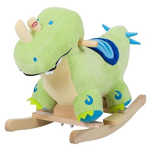 Qaba Kids Plush Ride-On Rocking Horse Toy Dinosaur Ride on Rocker Green with Realistic Sounds - Image 1