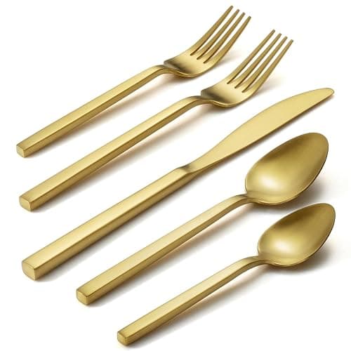 Alata Cube Gold 20-Piece Flatware Set, Forged Cutlery Set, Matte Gold Silverware Service for 4, Stainless Steel Tableware with Square Handle for Home/Restaurant, Dishwasher Safe - Image 1