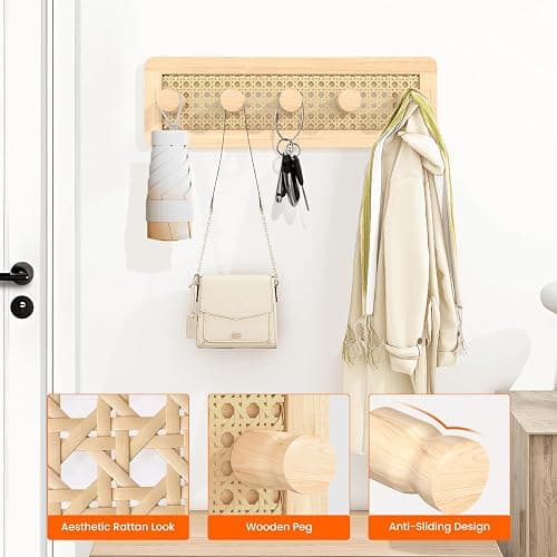 Homode Wooden Wall Hooks, Wall Mounted Coat Rack for Entryway, Boho Wood Pegs for Hanging Coats and Hats, Decorative Coat Hanger Purse Holder for Towel Key Jacket Bag Leash Cap thumbnail 4