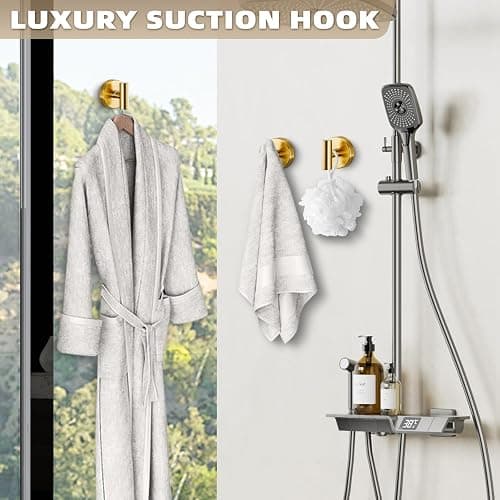 Fenas Suction Cup Hooks for Shower - Bathroom Reusable Hooks for Towels, Robes & Loofah - No-Drill Mounting on Kitchen,Walls,Metal,Glass,Mirrors,Tile & Smooth Non-Porous Surfaces (2, Brushed Gold) thumbnail 7
