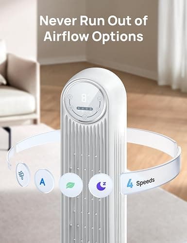 Dreo Tower Fan for Bedroom, 25ft/s Smart Standing Fans, 90° Oscillating Floor Fan with 4 Modes, 4 Speeds, 8H Timer, 28dB, Bladeless, Remote, 28 dB, Works with WiFi Voice Control thumbnail 6