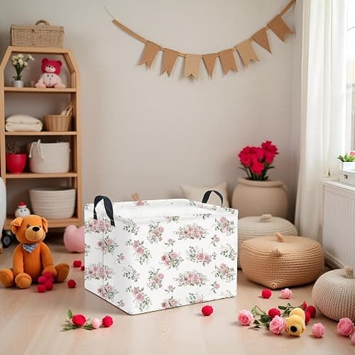 LATOGHIVE Rectangular Storage Basket Waterproof Storage Bin for Bedroom Collapsible Bin Books Box Basket Room Decor(Rose) thumbnail 6