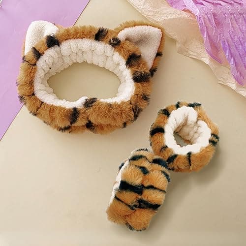 AEGYPIUS Tiger Ears Face Wash Headband and Wristband Set - 3 Pcs Spa Skincare Set for Women and Girls - Yellow thumbnail 3