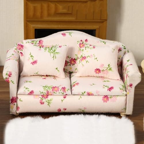Dollhouse Couch Miniature Sofa with Pillows Dollhouse Living Room Funiture 1:12 Scale Model 3 Pcs High Simulation Upholstered Wooden Fabric Armchair Mini Room Artificial House Scene Decoration (Pink) thumbnail 2