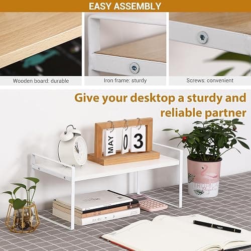 YGYQZ Wood Office Desk Shelf Organizer - Desktop Supplies Cute Dresser Top Organization Storage Rack and Cubicle Decor Aesthetic Bookshelf for Women Man and Kids(White-Single Tier) thumbnail 5