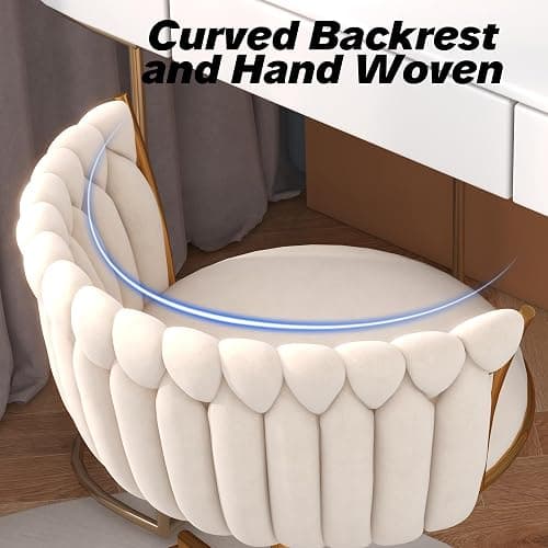 HENGJIANYI Velvet Woven Home Office Chair, Modern Swivel Desk Chair with Wheels, Height Adjustable Vanity Chair with Gold Metal Base and Hand Weaving Back, Beige thumbnail 5