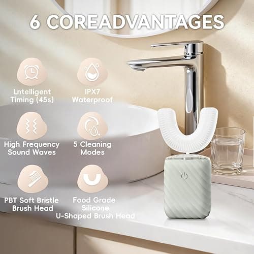 ELOTAME Ultrasonic Automatic Electric Toothbrush for Adults- U Shaped self Brushing Toothbrush, 360° Mouth Cleaning, 5 Modes for Whitening, IPX7 Waterproof Rechargeable (Light Gray) thumbnail 2
