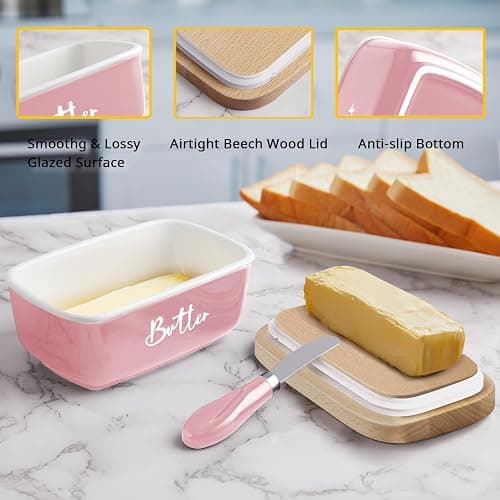 ALELION Pink Butter Dish with Lid and Knife for Countertop - Airtight Ceramic Butter Container with Thick Acacia Wood Lid for Counter - Pink Kitchen Decor and Accessories thumbnail 6