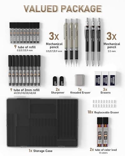 Nicpro 35PCS Art Mechanical Pencil Set, 3 PCS Metal Drafting Pencil 0.5 mm & 0.7 mm & 0.9 mm & 3 PCS 2mm Lead Holder (6B 4B 2B HB 2H 4H Colors) For Sketching Drawing With 20 Tube Lead Refills Case thumbnail 6