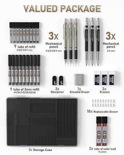 Nicpro 35PCS Art Mechanical Pencil Set, 3 PCS Metal Drafting Pencil 0.5 mm & 0.7 mm & 0.9 mm & 3 PCS 2mm Lead Holder (6B 4B 2B HB 2H 4H Colors) For Sketching Drawing With 20 Tube Lead Refills Case thumbnail 7