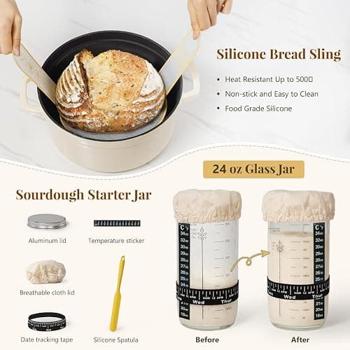 BAVIFY Sourdough Starter Kit, Banneton Bread Proofing Baskets Set | Complete Sourdough Bread Baking Supplies, Beginner Friendly, 9 in Round and 10 in Oval Rattan Banneton & 24 oz Starter Jar thumbnail 4