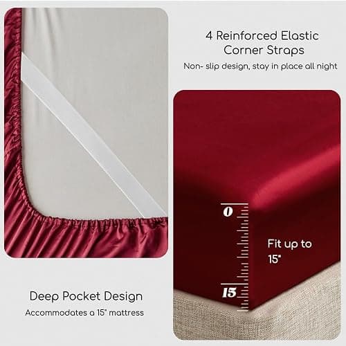MR&HM Satin Bed Sheets, Twin XL Size Sheets Set, 3 Pcs Silky Bedding Set with 15 Inches Deep Pocket for Mattress (Twin XL, Burgundy) thumbnail 4
