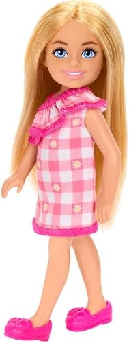 Barbie Chelsea Doll, Small Doll Wearing Removable Checked Dress & Pink Shoes with Blonde Hair & Blue Eyes thumbnail 5