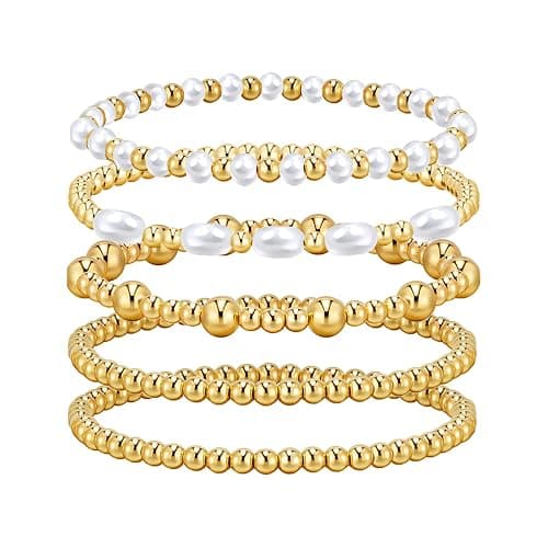 Gold Bracelets for Women Pearl Bracelet 14k Gold Plated Beaded Bracelet for Women Gold Stretch Bead Ball Bracelets Set Adjustable Gold Jewelry for Birthday Christmas Mother's Day Gifts - Image 1