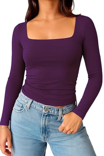 TiulZial Square Neck Shirt for Women - Long Sleeve Going Out Tops Double Lined Tight Crop T Shirt Slim Fit thumbnail 2