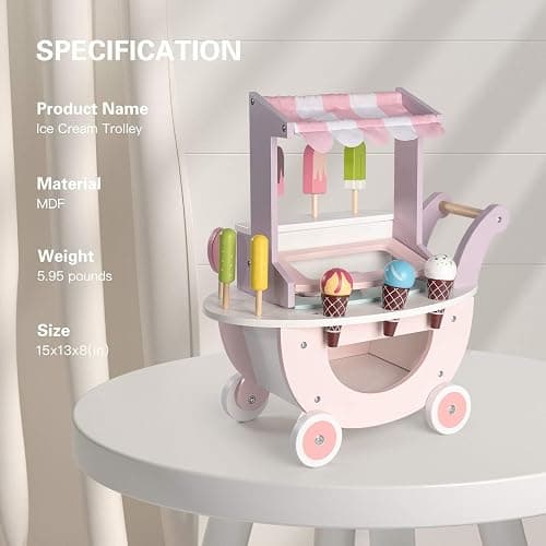 ROBUD Wooden Ice Cream Cart Toys for Kids, Toddlers Pretend Play Food Truck, Gift for Girls and Boys 3 Years & Up, Pink thumbnail 6