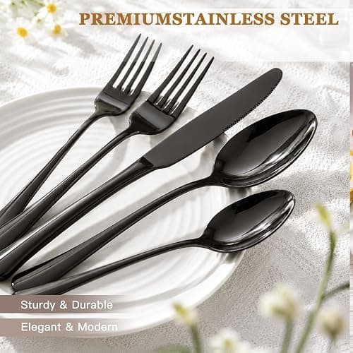 Astercook Silverware Set 48-Piece Black Flatware Set with Steak Knives Food-Grade Stainless Steel Cutlery Set for 8 Mirror Polished Utensils Set Include Spoons and Forks for Home Kitchen Restaurant thumbnail 4