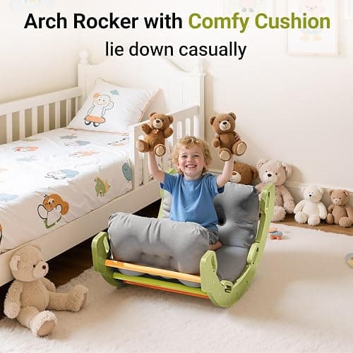 COSYLAND Kids Climber Arch Rocker with Cushion - Solid Wood Indoor Pikler Climbing Toys for Toddler with Handrails - Scentless Indoor Playground Arch Climbing Ladder (Green Frame, Rainbow Sticks) thumbnail 5