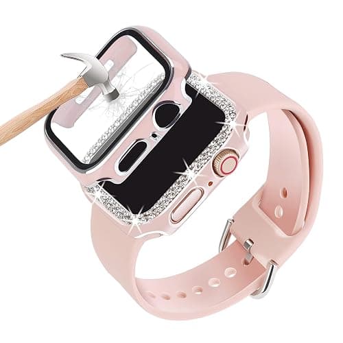 Compatible For Apple Watch Band With Case 38mm 40mm 41mm 42mm 44mm 45mm 46mm, Soft Silicone Waterproof Band + Diamond and Screen Protector Case For iWatch Series 11/10/9/8/7/6/5/4/3/2/1 & SE3 SE2 SE - Image 1
