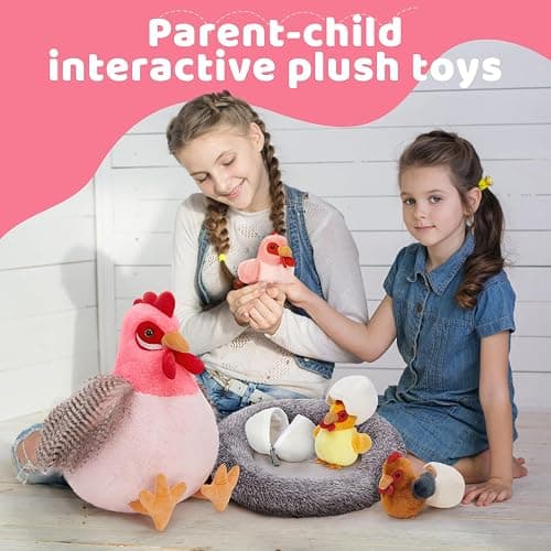 MaoGoLan 8Pcs Chicken Stuffed Animals, Stuffed Laying Hen Chicken Plush Toys with 3 Babies Chickens and 3 Eggs,1 Nest House Plush Set, Cute and Soft Farm Stuffed Animals Gift for Kids,Girls,Boys,Pink thumbnail 8