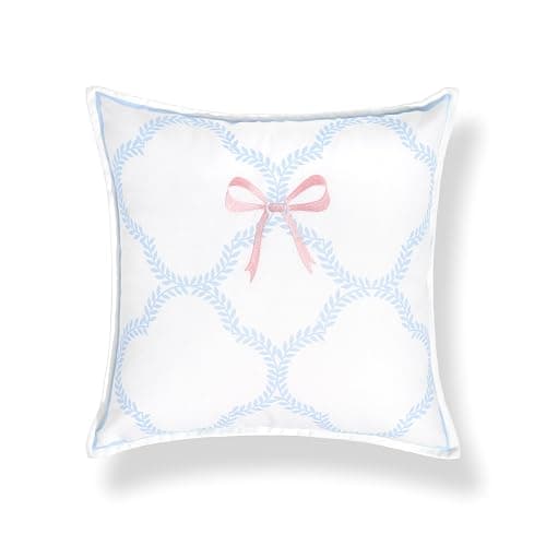 Hofdeco Premium Coastal Grandmillennial Patio Indoor Outdoor Throw Pillow Cover Only, 20"x20" Water Repellent for Backyard, Couch, Poolside, Baby Blue Pink Embroidered Ribbon Bow Tie on Leaves thumbnail 6