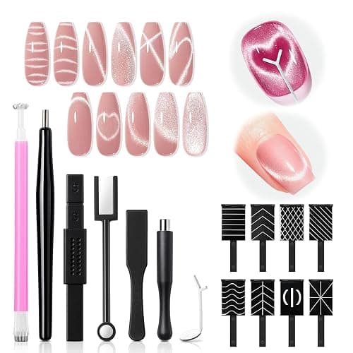 modelones Cat Eye Magnet Set, 15PCS French Cateye Gel Nail Polish Magnet Nail Art Tools Set Circle Magnet for Cat Eye Magnet Square Round Magnet Stick Diverse Glassy Cateye Effect for Mother’s Day - Image 1