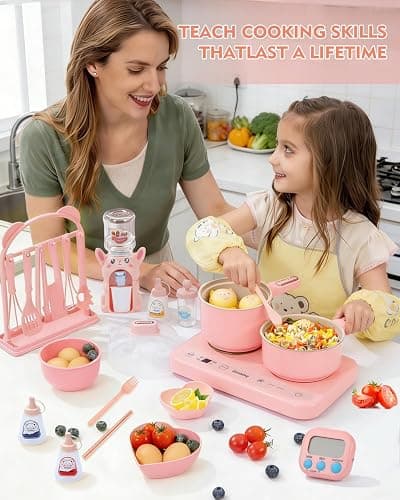 Kids Cooking Sets Real Electric Dual Stove - Montessori Real Cooking Set with Mini Kitchen Tools, Safe Utensils, Apron & Cookware - Great for Pretend Play Montessori Learning (Pink) thumbnail 6