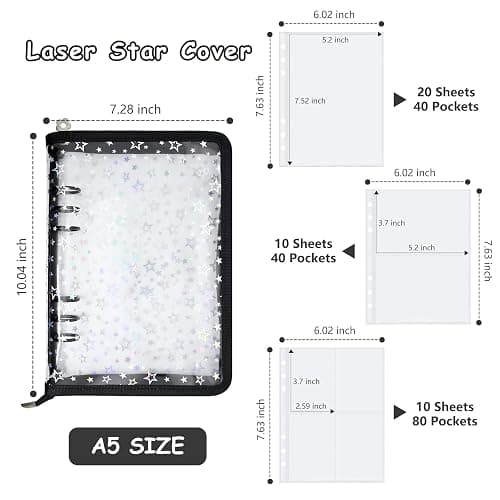 Ruatu Sticker Storage Organizer Binder A5 Sticker Collecting Book Reusable Zipper Album with Clear Laser Star Cover and Pocket Pages (Black) thumbnail 2