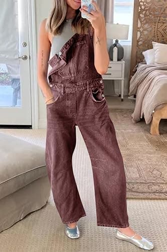 PLNOTME Womens Denim Bib Overalls Barrel Leg Adjustable Strap Jean Jumpsuit | 90s Outfits,Baggy Jumpers,Loose Overalls with Pockets thumbnail 4