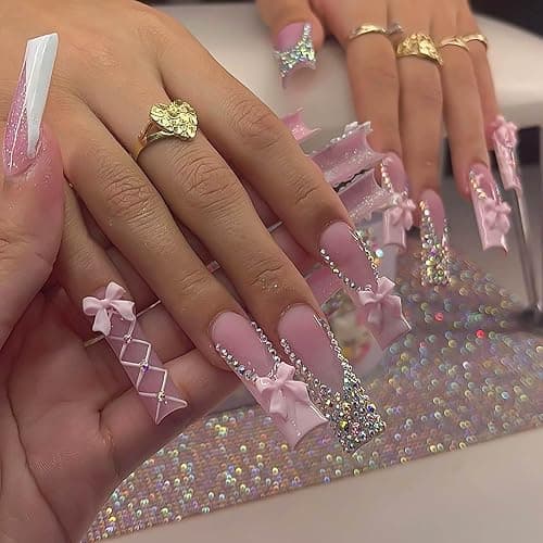 RUOKEXIN Long Square Press on Nails - French Tip False Nails Pink, Bow Rhinestone Designs, 24Pcs - Image 1