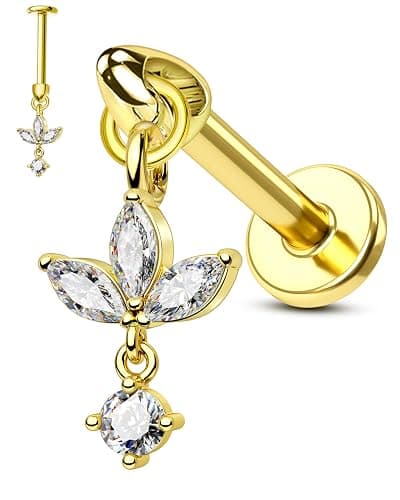 COCHARM 16G Flower Cartilage Earring Vertical Helix Piercing Jewelry, Flat Back Piercing Stud for Cartilage, Dangle Design, Gold and Silver Tone Lobe Helix Earring Stud - Image 1
