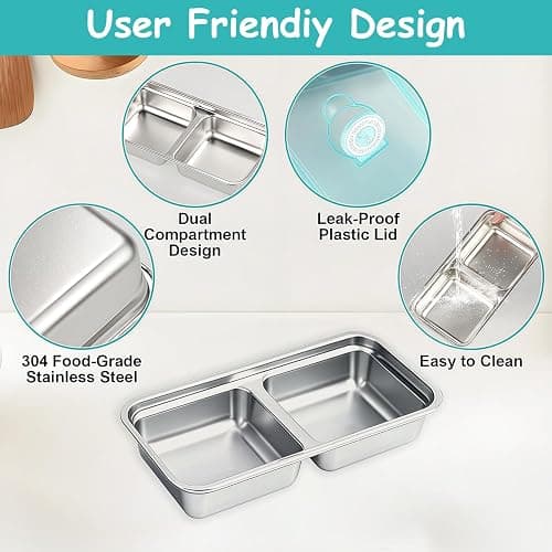 BSTUR Stainless Steel Snack Containers, 6-Pack Reusable Grab and Go Containers with Lids, Dual Compartment Bento Box for Travel, Camping & Lunch Prep thumbnail 3