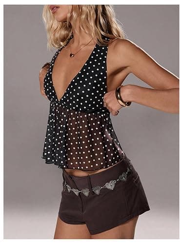 Milumia Women's Polka Dots Tie Backless Halter Top Deep V Neck Ruffle Hem Peplum Going Out Party Club Crop Tank Tops thumbnail 2