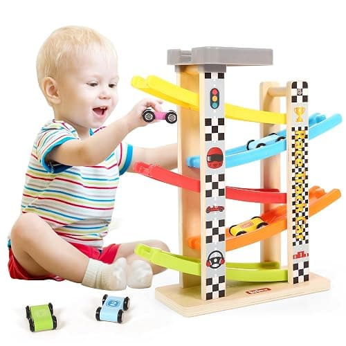 Belleur Montessori Toy for 1-3 Years Old Boys and Girls, Kid Race Track Car for Toddlers with 5 Mini Cars & 5 Ramps, Wooden Montessori Car Ramp Toy Set for Babies' Birthday Gifts, Visit Gifts - Image 1