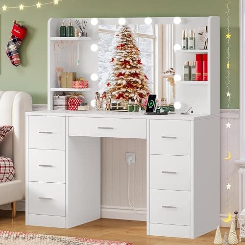 FIONESO Vanity Desk with LED Light Mirror & Power Outlet, 3 Adjustable Light Color, Makeup Vanity with 7 Drawers, 4 Shelves, 5 Jewel Hooks, White Vanity for Bedroom, Girls Vanity thumbnail 3