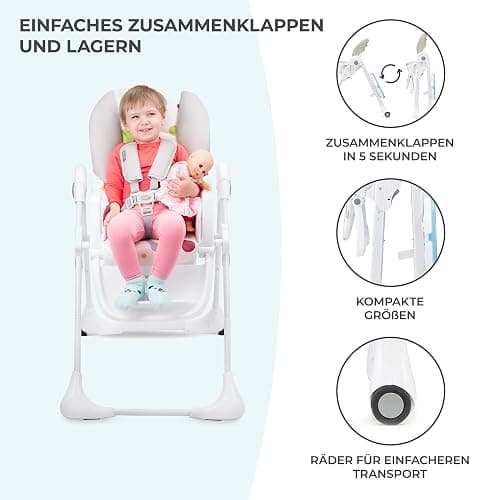 Kinderkraft Hochstuhl YUMMY, Kinderhochstuhl, Babystuhl, Kombihochstuhl, ab den Ersten Lebensmonaten, Fußstütze, Halbliegende Position, Bezug aus PU, Einfach zu Reinigen, Mehrfarben thumbnail 5