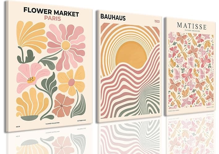 BingruiArt Boho Abstract Wall Art Yellow Canvas Flower Market Posters Set of 3 Bauhaus Pictures Matisse Print Floral Aesthetic Painting Decor for Dorm Living Room Bedroom 12"x16" Framed - Image 1