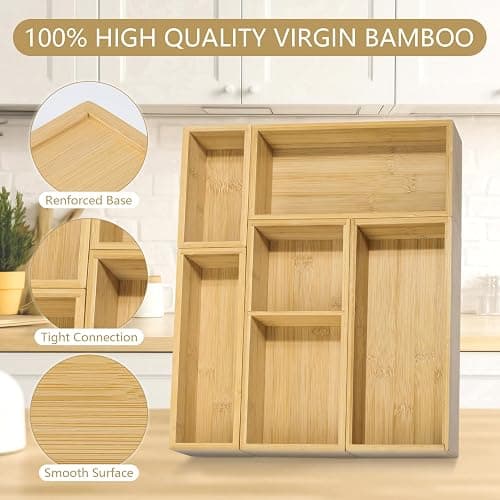 JPPSUJJ 5 Pack Bamboo Drawer Organizer Set, Multi-Use Junk Drawer Organizer for Bathroom, Kitchen, Office, Jewelry, Makeup thumbnail 4