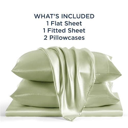 Bedsure Satin Sheets Queen Size - 4 Piece Silky Bedsheets with 15 Inches Deep Pocket Fitted Bedsheet,1 Flat Sheet, 2 Satin Pillowcases, Good for Hair & Skin (Queen, Sage Green) thumbnail 6