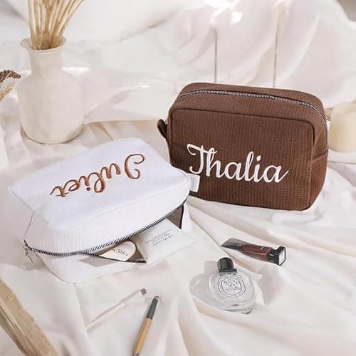 Personalized Embroidered Waffle Cosmetic Bags, Custom Thicken Beauty Makeup Packet Bag for Women Girls, Travel Makeup Pouch, Aesthetic Toiletry Case, Bridal Bridesmaid Party, Birthday, Wedding Gifts thumbnail 2