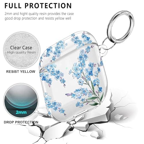 Wonjury Protective Clear Floral Case Cover with Cleaner Kit Portable Shockproof Women Girls with Keychain for Apple Airpods 2/1 Charging Case - Clear/Blue Flower thumbnail 5