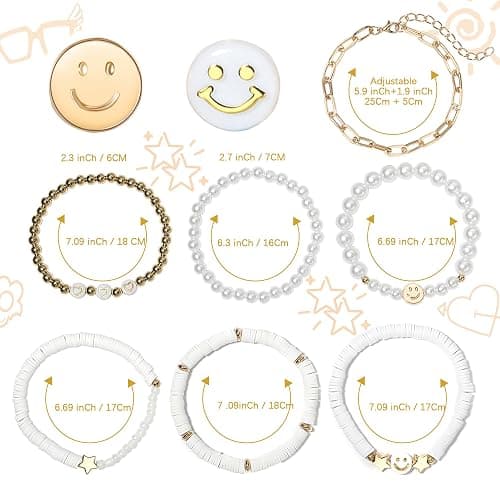 Preppy Bracelets Set Colorful White Gold Smile Heart Star Polymer Beaded Pearl Clay Stackable Charm Y2K Kidcore Aesthetic Summer Beach Bohemian Stretch Layering Bracelets Jewelry for Girls Women Teens thumbnail 2