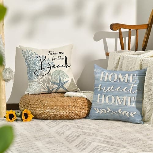 AVOIN colorlife Summer Take Me to The Beach Coral Starfish Throw Pillow Covers, 18 x 18 Inch Home Sweet Home Motto Blue Cushion Case for Sofa Couch Set of 4 thumbnail 5