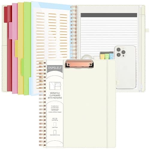 Ospelelf Leather Clipboard Folio with with Storage Zipper Pouch, Spiral Clipboard Folder with Notepad for Letter Size, 5 Folders with 10 Pockets, 39 Divider Label Stickers (Beige) - Image 1