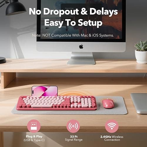 Wireless Keyboard and Mouse Combo with Phone/Tablet Holder, Cute Full-Size Typewriter-Style Keyboard, Retro Round Keycaps, 3-Level DPI Mouse, 2.4GHz Cordless Connection for Windows/PC/Laptop (Pink) thumbnail 7