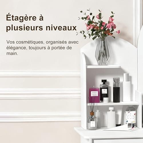 Générique Coiffeuse avec Miroir LED, Coiffeuse avec Étagères de Rangement et 4 Tiroirs, Coiffeuses Petite (Blanc) thumbnail 6