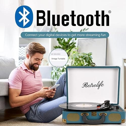 Retrolife® Record Player 3-Speed Bluetooth Portable Turntable-Coral Blue | Belt-Driven with Built-in Speakers, Wireless Bluetooth Input, RCA Out AUX In Headphone Jack, Auto-Stop, Gift for Music Lovers thumbnail 2